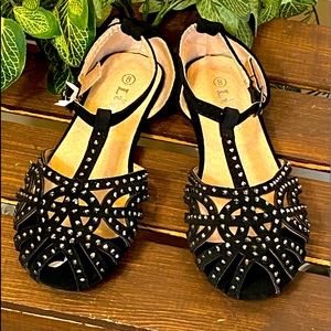 New!  Velvety Black Strappy Ankle Buckled Sandals With Rhinestones